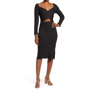 19 Cooper Women Black Metallic Ribbed Knit Cutout Midi Bodycon Dress Size XS